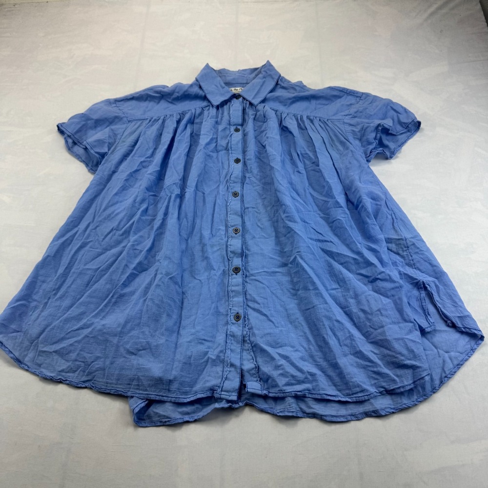 We The Free FP Shirt Womens XS Blue Oversized Pleated Short Sleeve Button Front